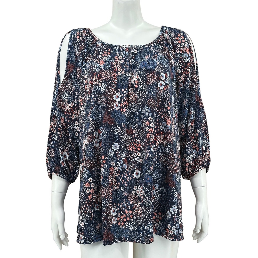 Amana Top Womens 2X Navy Floral Cold Shoulder 3/4 Sleeve Boho Peasant Textured
